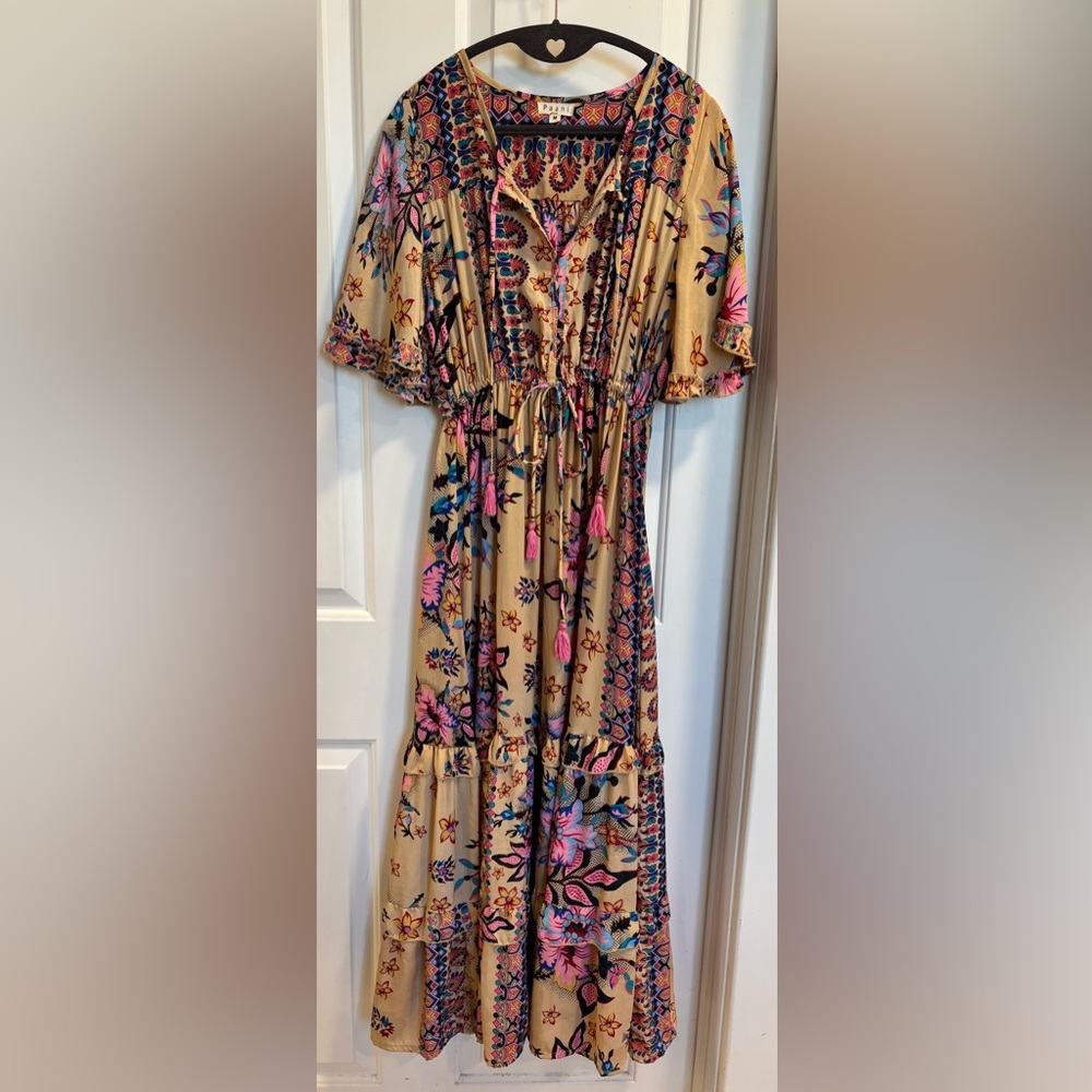Paani Boho Floral Maxi Dress in Mustard with Pink & Blue Accents